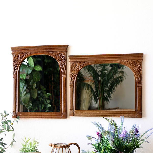鏡 壁掛け 卓上 ミラー おしゃれ 木製 天然木 マンゴーウッド 木彫り 彫刻 天丸型 アジアン アンティーク ナチュラル エキゾチックなウッドアーチ型ミラー ２タイプ [ras4878]
