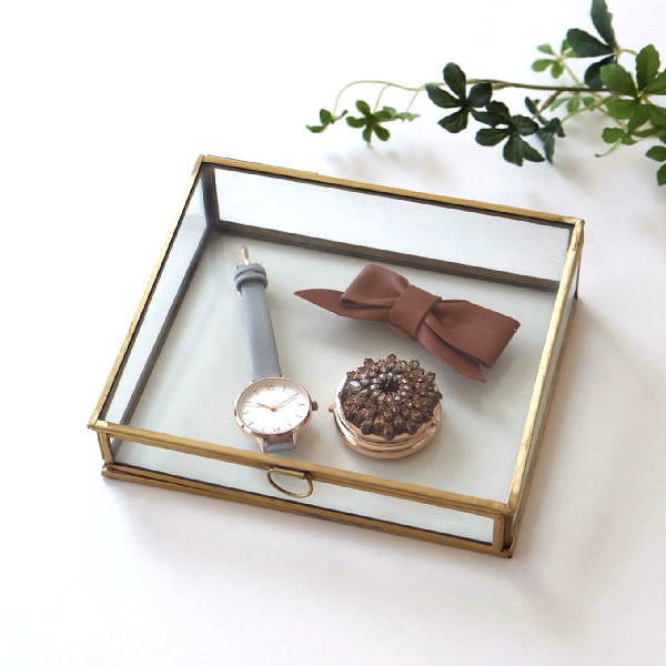 小物入れ ふた付き ガラスボックス アクセサリーケース ボックス おしゃれ 台形型 ガラス アンティーク シンプル ブラスガラスケース [ras8244]