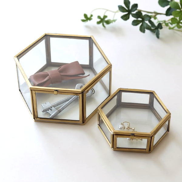 小物入れ ふた付き ガラスボックス アクセサリーケース ボックス おしゃれ 大小2個セット ヘキサゴン ガラス ブラスヘキサゴンボックス 2個セット [ras8448]