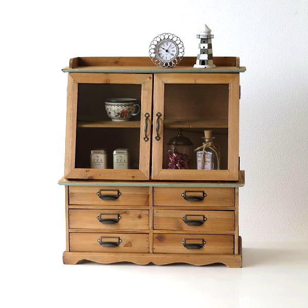 キャビネット 木製 スリム 薄型 完成品 ガラス扉 引き出し シェルフ かわいい シャビー カントリー 壁掛け 対応 扉付き ブロカントなウッドマルチキャビネット 【送料無料】 [scc0618]