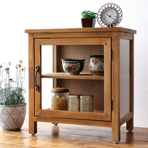 ガラスキャビネット おしゃれ 収納 シェルフ シャビー 飾り棚 キッチン 食器棚 ナチュラル レトロなウッドのキッチンキャビネット 【送料無料】 [scc2136]