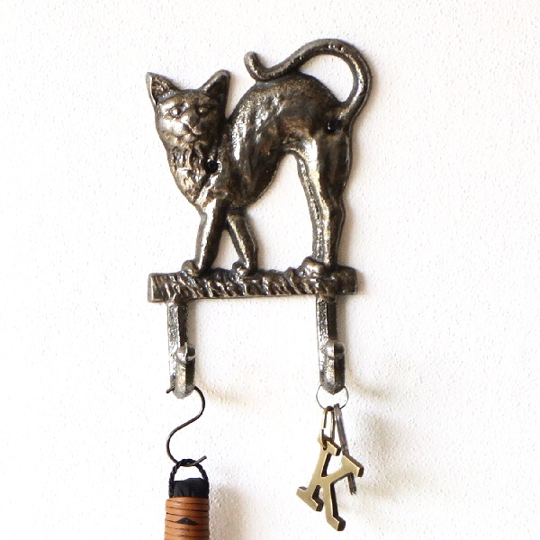 フック 壁掛け アンティーク 2連 猫 玄関 鍵掛け 鋳物 壁 ウォールフック おしゃれ リビング キーフック 小物掛け レトロ クラシック アイアン シルバーフック キャット [scc7464]