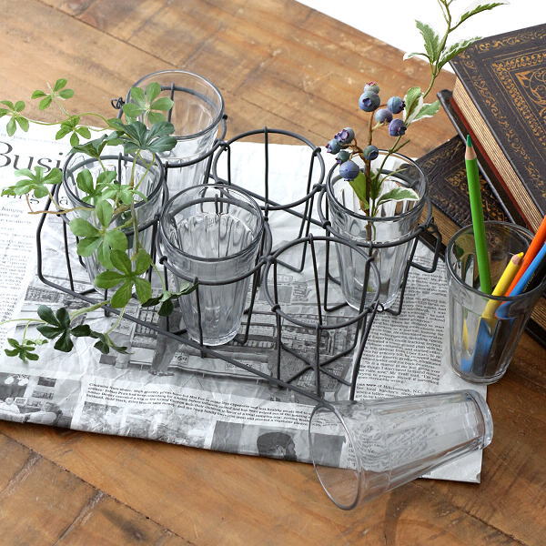 フラワーベース 花瓶 一輪挿し 花器 おしゃれ ガラス シンプル ガラスベース 花入れ 小物入れ アイアンの6グラスベースホルダー [scc7968]