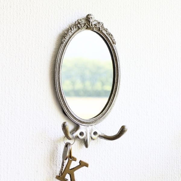 鏡 壁掛けミラー ウォールミラー おしゃれ アイアン ミラー フック付き 小さめ かわいい エレガント シンプル フック付きウォールミラー [scc9271]