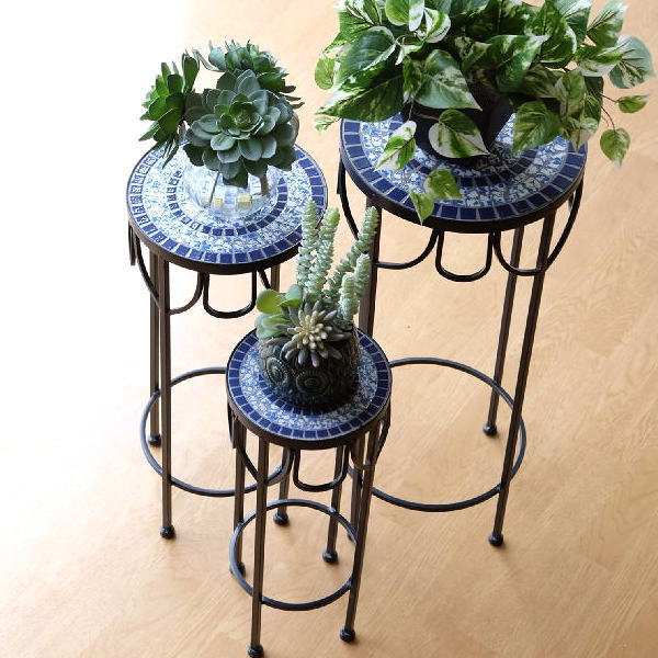 花台 フラワースタンド おしゃれ アイアン タイル かわいい アイアンとタイルのフラワースタンド ブルーフラワー 3サイズセット 【送料無料】 [sik1416]