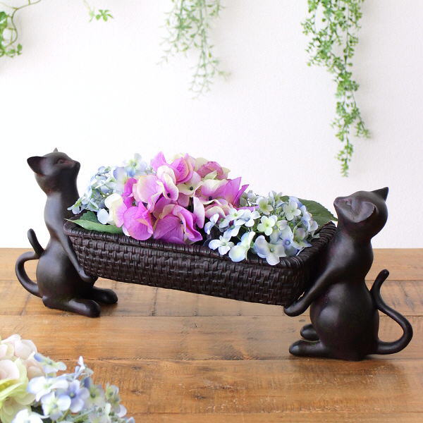 小物入れ かご バスケット 猫 雑貨 トレイ 卓上 収納 鍵置き 編みかご ボックス 観葉植物 リモコンラック スパイスラック 可愛い アンティーク 大きい 横長 ネコのコンテナー [sik3026]