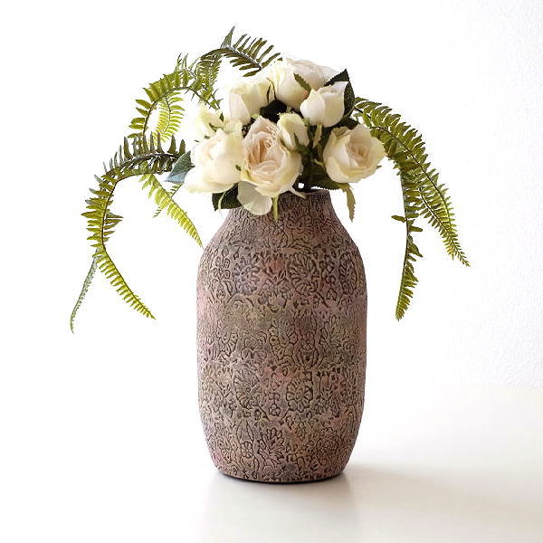 花瓶 陶器 花器 おしゃれ フラワーベース レトロ アンティーク調 丸い テラコッタ 焼き物 ゴージャス インテリア 陶器のベース インドラ [sik6847]