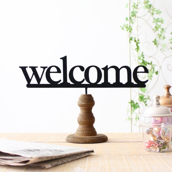 WELCOME サインプレート サインボード おしゃれ アンティーク調 ウッド オブジェ 置物 卓上 天然木 ウッドスタンドのwelcomeサイン [spc2328]