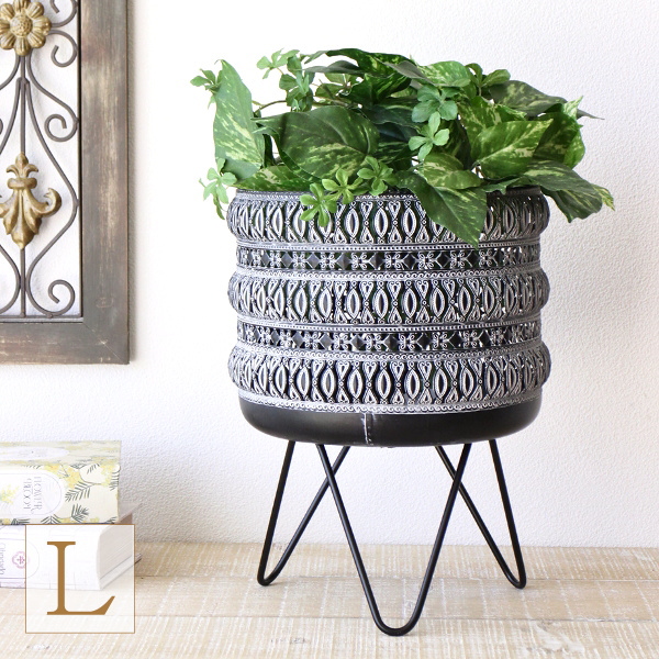 鉢カバー おしゃれ 8号 アイアン 観葉植物 植木鉢カバー かご 丸 脚付き 穴なし 軽量 グレー プランターカバー 鉢植えカバー メタルフラワー バスケットスタンド Lサイズ [spc3480]