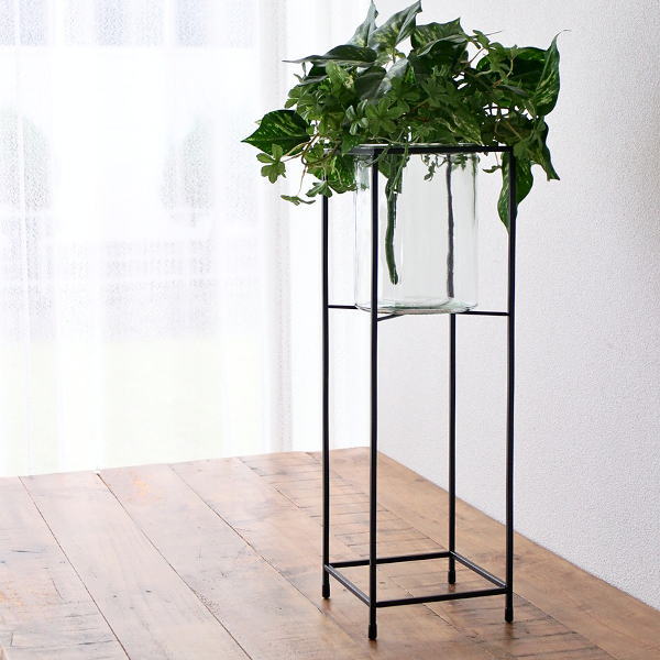 花瓶 ガラス シンプル おしゃれ モダン フラワーベース 枝物 広口 円柱 円筒 台 脚付き 花器 キャンドルホルダー 透明 玄関 床置き ハイタイプ アイアンとガラスのスタンドベース Hi [spc3641]