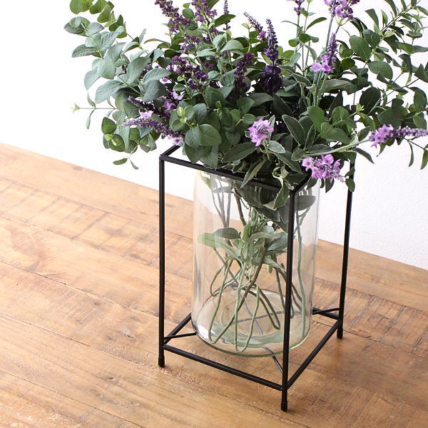 花瓶 ガラス シンプル おしゃれ モダン フラワーベース 枝物 広口 円柱 円筒 台 脚付き 花器 キャンドルホルダー 透明 玄関 卓上 床置き アイアンとガラスのスタンドベース Low [spc4266]