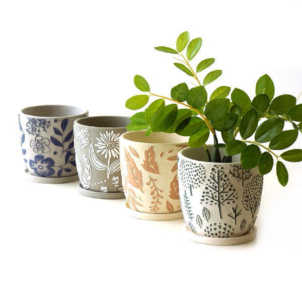 鉢カバー プランターおしゃれ 陶器 ポットカバー 5号 スタンド 北欧 ボタニカル かわいい レリーフプランター 4タイプ [spc5996]