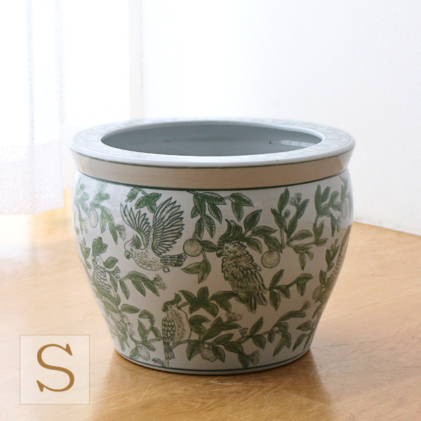 鉢カバー 陶器 おしゃれ 10号 8号鉢用 30cm 穴なし シノワズリ 和風 モダン レトロ 玄関 室内 屋外 水鉢 睡蓮鉢 メダカ鉢 金魚鉢 花器 陶器の火鉢 緑花鳥 S [swa4115]