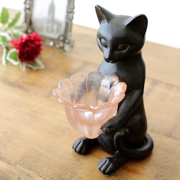 猫 置物 オブジェ アンティーク レトロ アジアン LEDライト 小物 花 ネコのフラワースモールランプ [swa6451]