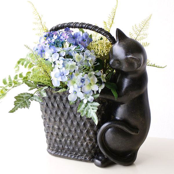 鉢カバー 猫 かご 小物入れ フラワーポット 雑貨 置物 オブジェ バスケットとネコ B [swa6461]