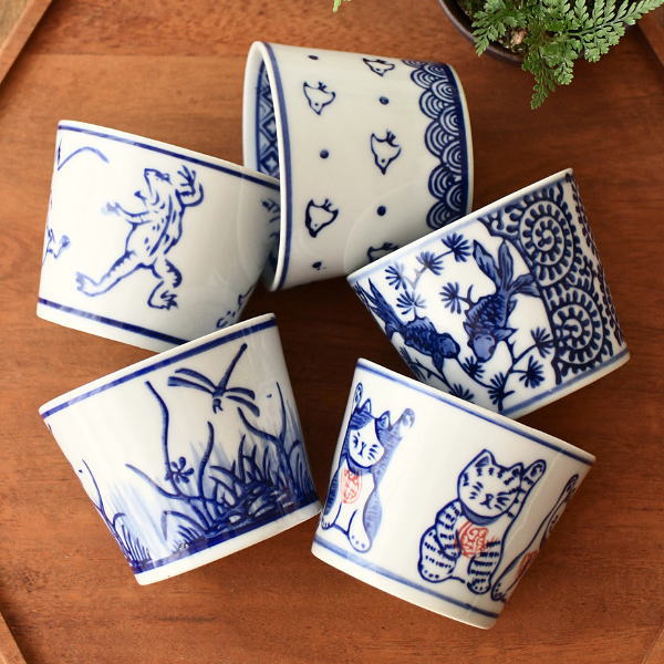 蕎麦猪口セット フリーカップ 磁器 陶器 おしゃれ デザートカップ 小鉢 湯呑み ざるそば つゆ入れ 青花 そば猪口5個セット B [swa8964]