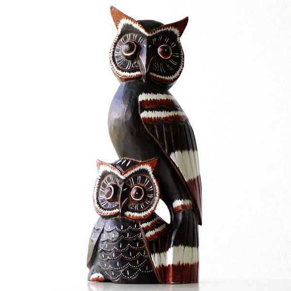 ふくろう 置物 木彫り オブジェ 木製 おしゃれ インテリア 木彫りのオブジェ みみずく親子 [tom0809]