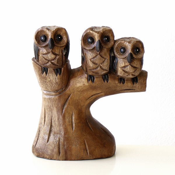 置物 オブジェ ふくろう フクロウ 木彫り おしゃれ かわいい 木製 天然木 木工 梟 インテリア 木彫りの置物 止まり木3フクロウ [tom1113]