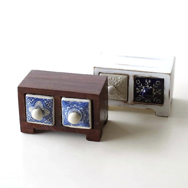 小物入れ 引き出し ミニチェスト 卓上 木製 陶器 アンティーク おしゃれ アクセサリーケース 陶器の引き出しミニチェスト2個 ブルー＆ホワイト2タイプ [tom1259]