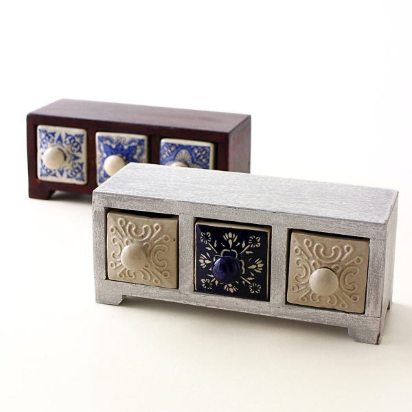小物入れ 引き出し ミニチェスト 卓上 木製 陶器 アンティーク おしゃれ アクセサリーケース 陶器の引き出しミニチェスト3個 ブルー＆ホワイト2タイプ [tom1261]