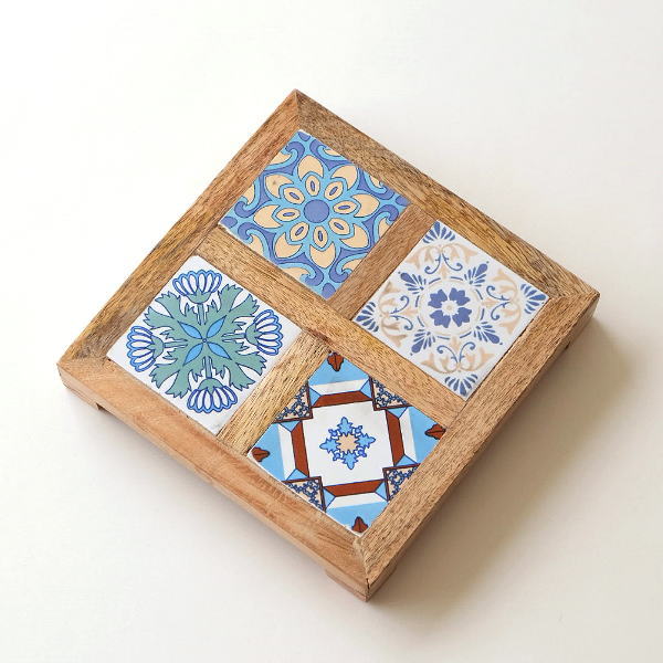 鍋敷き 鍋しき 木製 おしゃれ ポットスタンド 天然木 無垢材 マンゴーウッド アンティーク かわいい ボヘミアンタイル付きウッド鍋敷き [tom2679]