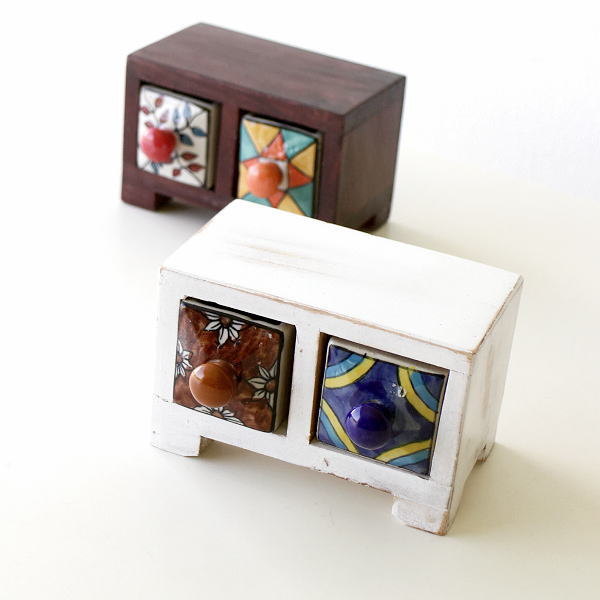小物入れ 引き出し ミニチェスト 卓上 木製 陶器 アンティーク おしゃれ アクセサリーケース 整理 収納 小物ケース 小物収納 陶器の2引出しミニチェスト2カラー [tom4258]