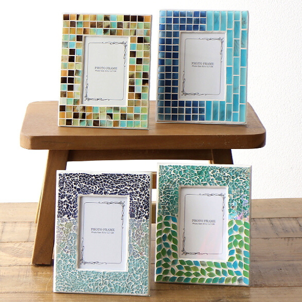 フォトフレーム 写真立て L判 おしゃれ 卓上 モザイクガラス キラキラ 装飾 ナチュラル アジアン マリン タイル風 モザイク フォトフレーム 4タイプ [tom4310]