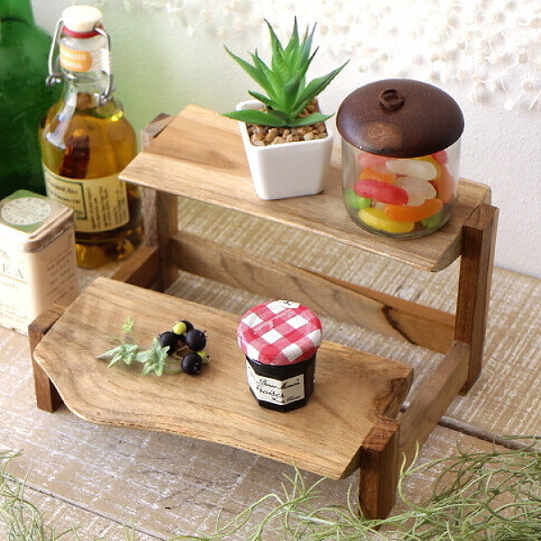 ディスプレイスタンド 木製 2段 卓上 飾り棚 天然木 ナチュラル 整理 ミニラック 玄関 小物置き 鉢植え 植物 フィギュア 陳列 ひな壇 コレクション棚 チークの2段ディスプレイスタンド [tom5555]