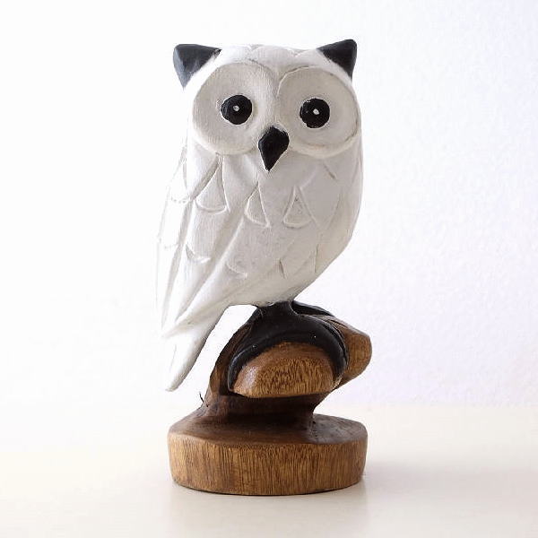 ふくろう フクロウ 置物 木彫り 白 おしゃれ オブジェ 木製 天然木 かわいい エスニック 小物 木彫りのフクロウ ホワイト [tom5698]