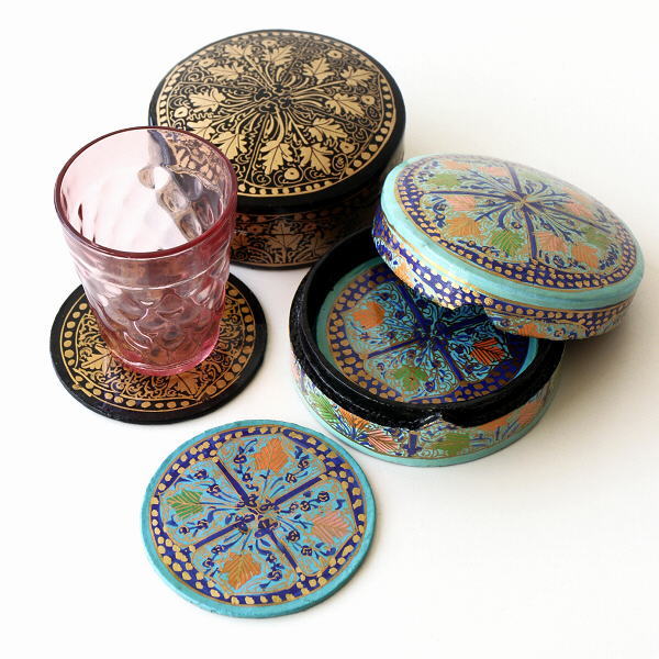 ペーパーマッシュ 小物入れ コースター おしゃれ セット コンパクト 収納 エスニック カラフル ペーパーマッシュ BOX入りコースター 2カラー [tom6272]