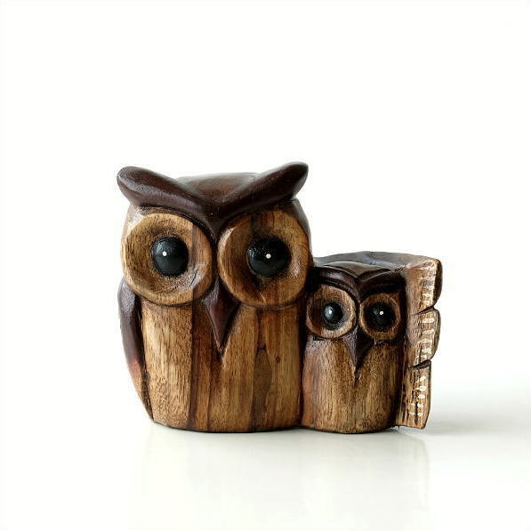 フクロウ 置物 木彫り 木製 オブジェ ほのぼの親子ふくろう [tom8524]