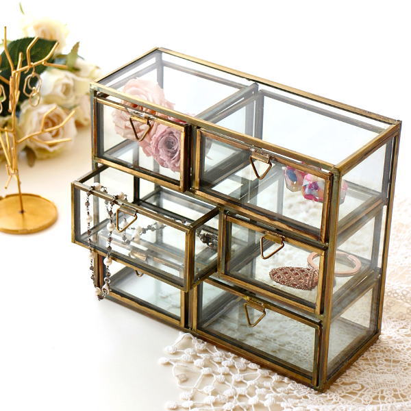 ジュエリーボックス 3段 アクセサリー収納 チェスト アクセサリーケース 引き出し 小物収納ケース 透明  真鍮色 卓上 アンティーク レトロ アイアンとガラスのミニチェスト 6ドロアー [tom8870]
