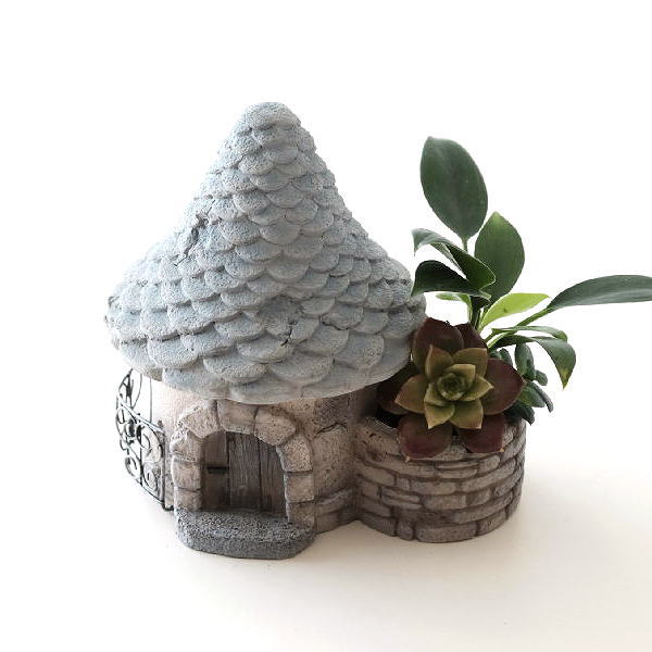 プランター ミニ セメント おしゃれ ガーデン 木製風 レトロ 屋外 お庭 玄関 オブジェ 置き物 かわいい メルヘンハウスのミニプランツポット D [toy4350]