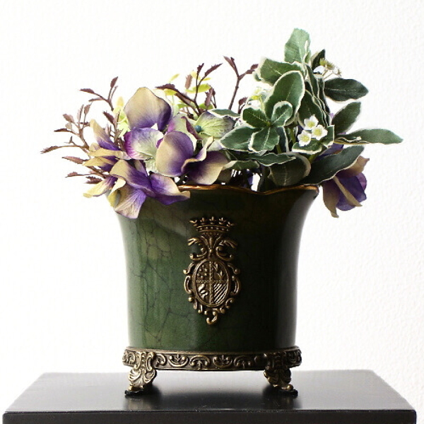 コンポート シノワズリ 置物 花瓶 鉢カバー アンティーク レトロ 陶器 真鍮 ゴールド 器 雑貨 エレガント 高級感 インテリア 脚付き シノワズリなサークルコンポート A [toy7316]