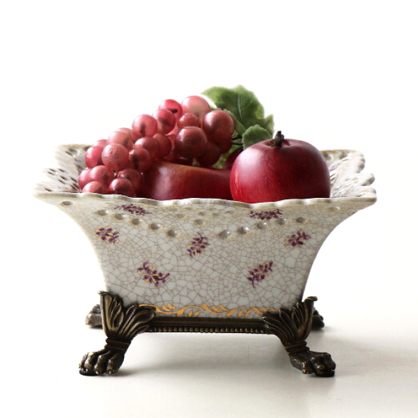 コンポート シノワズリ 置物 器 インテリア 雑貨 飾り 陶器 真鍮 オブジェ アンティーク 脚付き 皿 トレイ 卓上 ディスプレイ シノワズリなスクエアコンポート [toy8041]