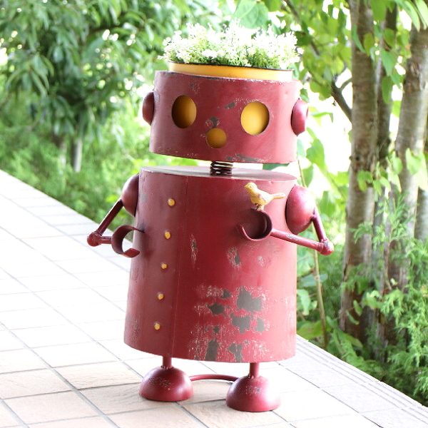 植木鉢 かわいい ブリキ ロボット 鉢 5号 おしゃれ オブジェ 置物 レトロ アンティーク 玄関 屋外 ガーデンポット オーナメント 園芸 庭 ガーデニング ブリキロボのフラワーポット Red [toy9025]