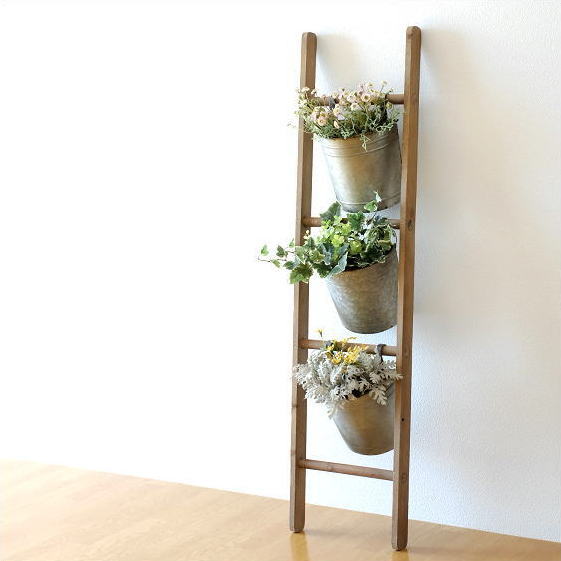 ラダーラック フラワーラック 木製 ブリキ レトロ シャビー アンティーク風 はしご フラワーポット 木製ラダーのフラワースタンド 【送料無料】 [toy9752]