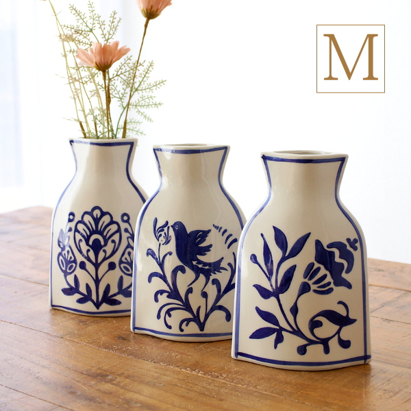 一輪挿し 陶器 磁器 花瓶 おしゃれ 卓上 枝物 花挿し 花 鳥 植物 絵柄 オブジェ 可愛い 青白 小さい スリム 薄型 デザイン エキゾチックな磁器のフラワーベースM 3タイプ [tsc1687]
