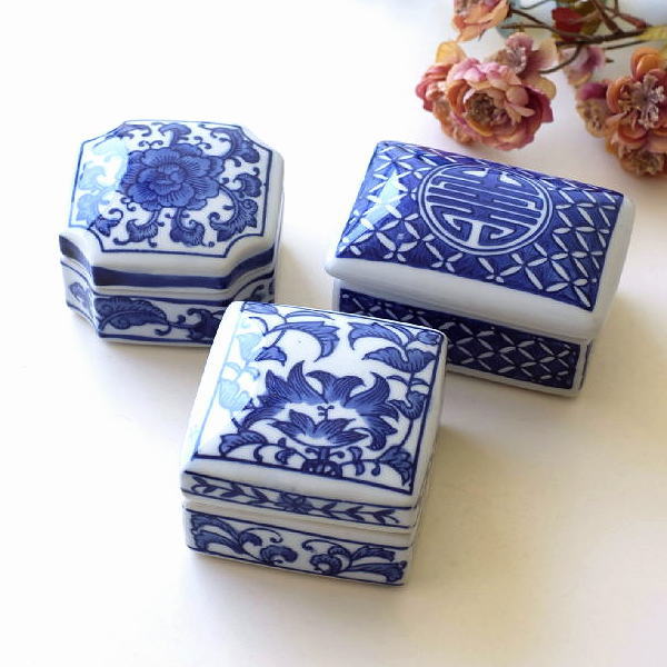 小物入れ 卓上 陶器 おしゃれ シノワズリ 手のひらサイズ セット アンティーク ヨーロピアン シノワズリーな陶器の小物入れ 3個セット [vin1684]