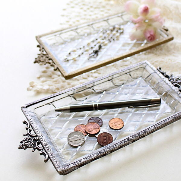 ガラストレー トレイ おしゃれ ガラス トレー かわいい アンティーク風 真鍮 雑貨 小物入れ レトロ アクセサリートレイ ブラス ガラスのクラシックミニトレイ 2カラー [vin2217]