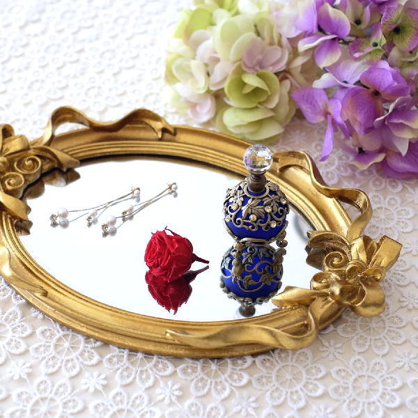 ミラートレイ トレイ 鏡 おしゃれ アクセサリートレイ 小物置き アンティーク調 エレガント ディスプレイ ゴールド インテリア ミラーオーバル ハンドルトレー [vin2317]