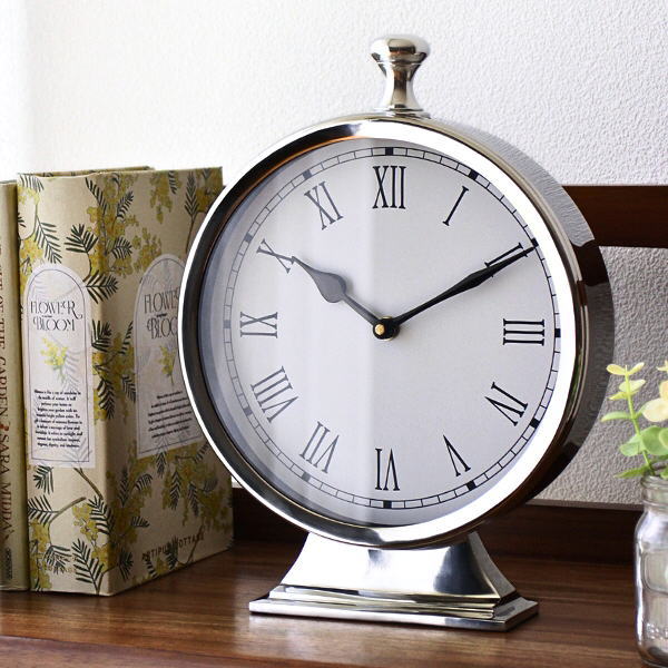 置き時計 おしゃれ アナログ 丸型 見やすい アンティーク ローマ数字 シルバー ガラス 高級感 クラシックでシンプルなラウンド置き時計 【送料無料】 [vin2580]