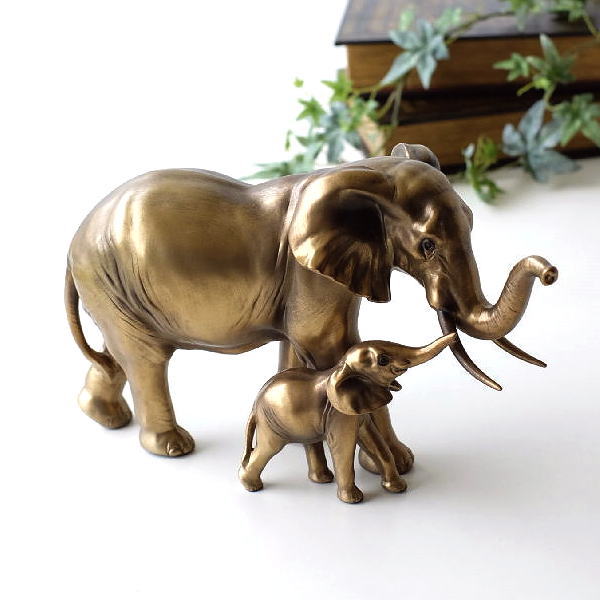 ゾウ 置物 オブジェ おしゃれ ぞう 象 エスニック ゴールド アンティーク アニマル 動物 雑貨 親子 セット 玄関 リビング 象の親子の置物 【送料無料】 [vin5123]