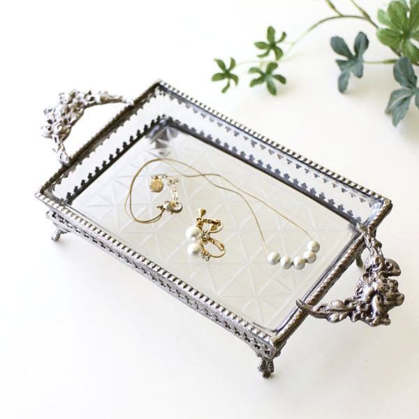 ガラストレー トレイ おしゃれ ガラス トレー かわいい アンティーク風 小物入れ アクセサリートレイ 真鍮とガラスのハンドルトレー [vin5245]