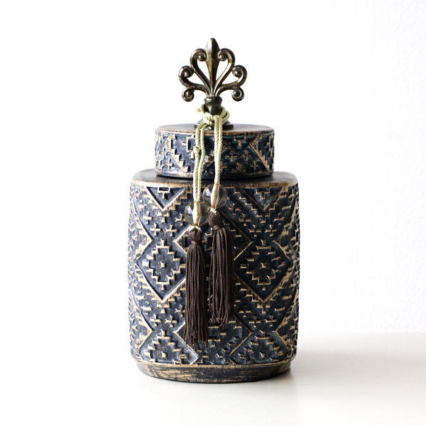 ポット 陶器 蓋付 おしゃれ 小物入れ タッセル 置物 オブジェ アンティーク オリエンタル クラシックモダン 陶器の蓋付きポット NV [vin8857]