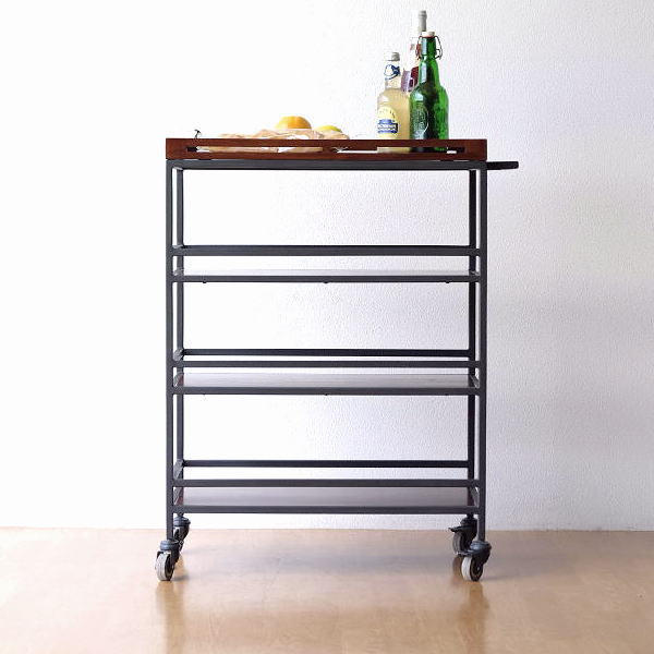 キッチンワゴン キャスター付き 4段 天板付き 作業台 木製 天然木 無垢材 幅65 奥行30 高さ80 チークとアイアンのキッチンワゴン 【送料無料】 [wat2029]
