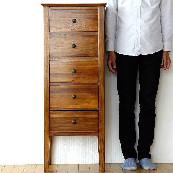 ハイチェスト チーク 無垢材 シンプル おしゃれ 幅45 チークスリム五段ハイチェスト 【送料無料】 [wat4573]