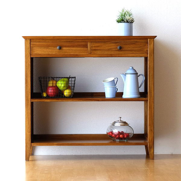 キッチンシェルフ チーク 無垢材 コンソールテーブル キッチンカウンター チークコンソール2ドロワー 【送料無料】 [wat7712]
