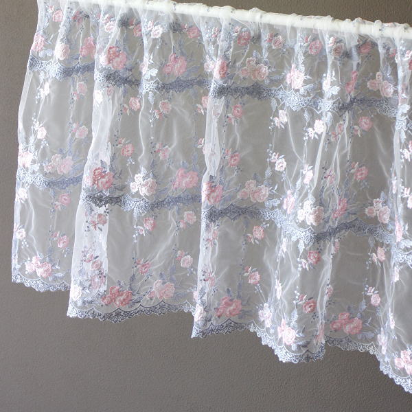 カフェカーテン おしゃれ レース レースカーテン 45cm 刺繍 エレガント トイレ 洗面所 キッチン カフェカーテン ピンク＆グレージュ [won5522]