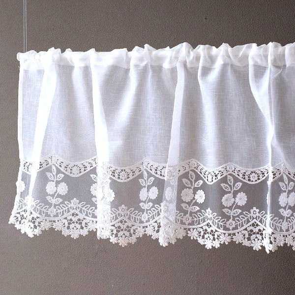カフェカーテン レース おしゃれ レースカーテン 45cm 花柄 コットン刺繍 キッチン 小窓用カーテン 出窓用カーテン かわいい カフェカーテン WH 45 [won5811]